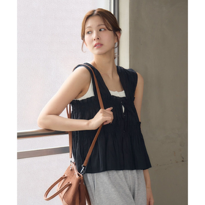 B070111日单夏新款客供料花边系带纽扣微宽松女纯棉甜美气质背心