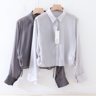 B050113日单新款单排扣宽松女气质纯色透视下摆抽绳系带长袖衬衫
