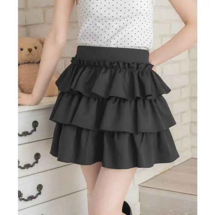 D05056日单新款客供料松紧高腰显瘦蛋糕短裙女纯色花边甜美半身裙