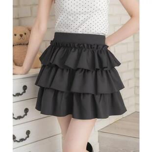 D05056日单新款 客供料松紧高腰显瘦蛋糕短裙女纯色花边甜美半身裙