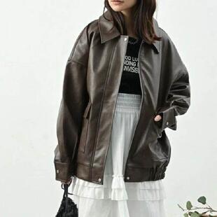 D15079日单新款 客供料拉链翻边领宽松女纯通勤气质休闲PU皮衣外套