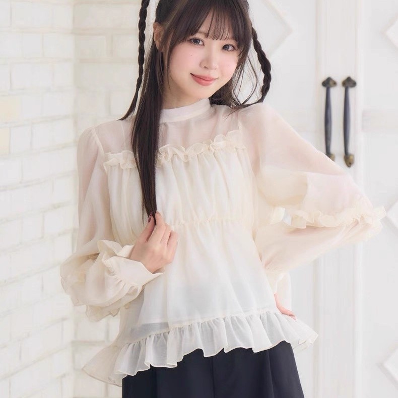 D03013日单新款后蝴蝶结系带套头微宽松木耳边女甜美2awy长袖衬衫