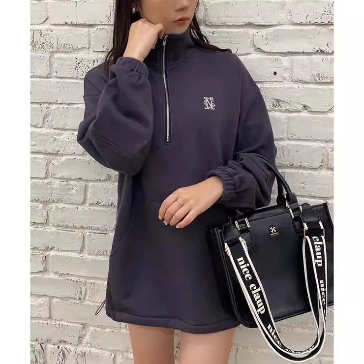 D07085日单NC客供料门襟拉链套头宽松休闲下摆可收中长纯棉卫衣