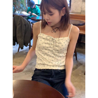 C07018日单夏季新款客供料GL系带有弹性有胸垫女甜美碎花吊带背心