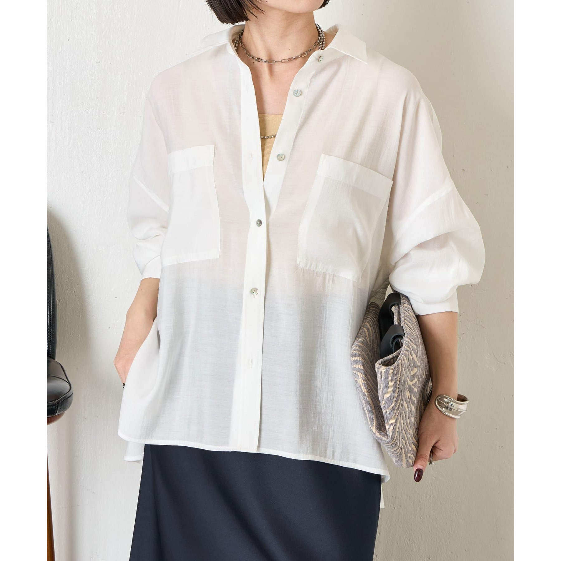 D21065日单9000日元新款客供料单排扣宽松女纯色气质薄款长袖衬衫