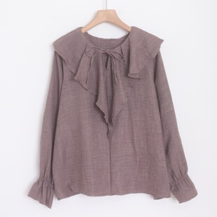 A22016日单早秋新款客供系带套头宽松显瘦女气质荷叶边喇叭袖衬衫