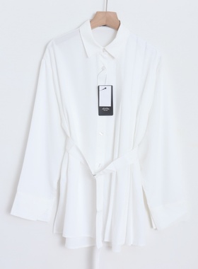 D09086日单新款单排扣宽松显瘦有腰带女纯色通勤气质中长款衬衫