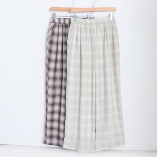 女通勤休闲格子阔腿裤 D18035日单新款 松紧高腰里抽绳宽松显瘦长裤