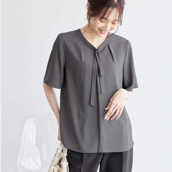 H04008日单新款贵牌大R有领带套头宽松显瘦女纯色气质短袖衬衫