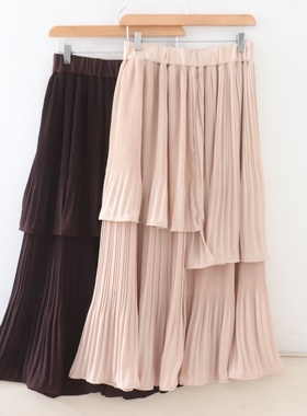 C11029日单新款客供料松紧高腰显瘦细百褶A字裙女气质层次半身裙