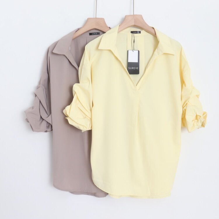 D15008日单客供料简洁V领套头宽松显瘦女纯色气质通勤堆堆袖衬衫