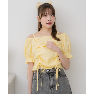 B07020日单夏季新款松紧一字领微宽松下摆抽绳系带女甜美露肩衬衫