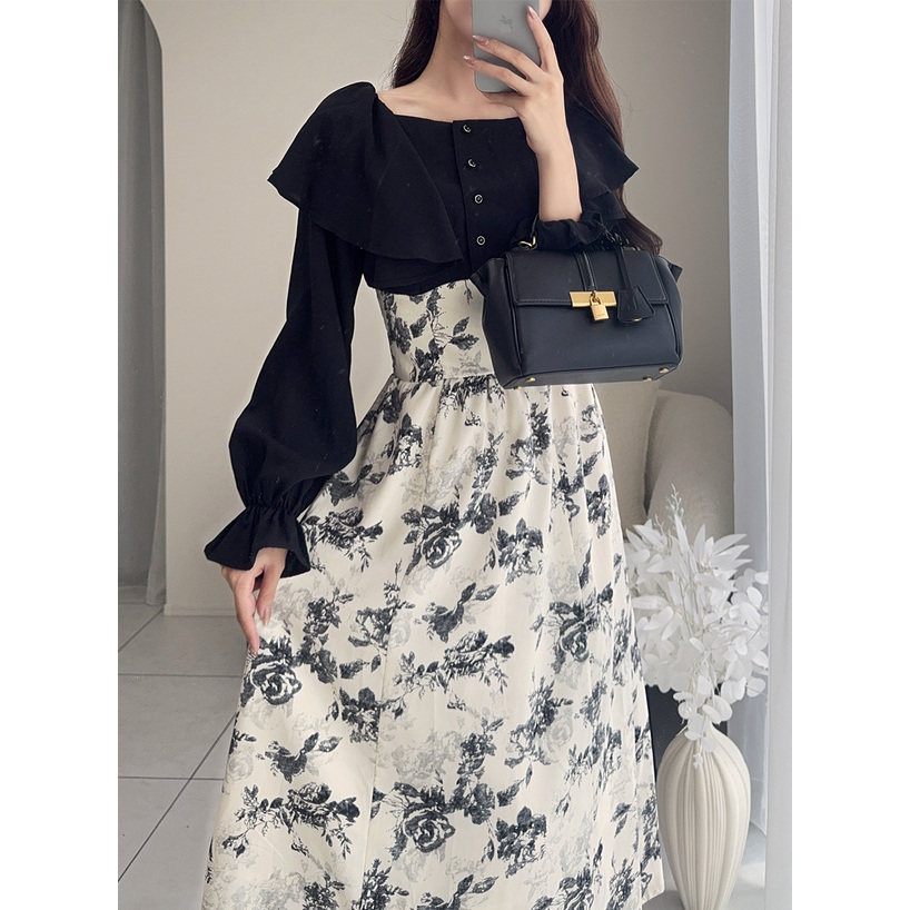 D150104日单新款GL门襟扣荷叶边松紧腰女优雅气质喇叭袖长连衣裙