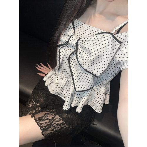 A08084日单夏新款GL弹力松紧修身显瘦女甜美可调节蝴蝶结露肩衬衫
