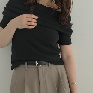 B05031日单夏季 T恤 新款 翻边领一字领套头有弹性显瘦甜美气质短袖