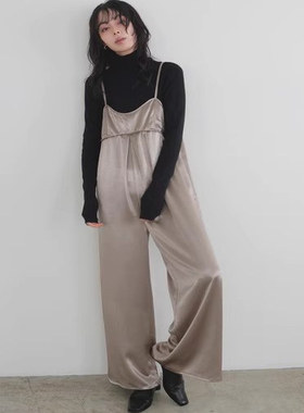 D04049日单秋新款套头宽松显瘦长裤女气质缎面系带吊带连体阔腿裤