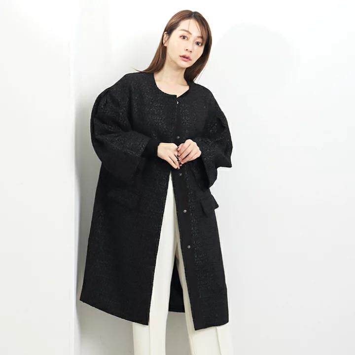 E03036日单贵牌新款客供料圆领按扣宽松女纯色气质提花中长款外套