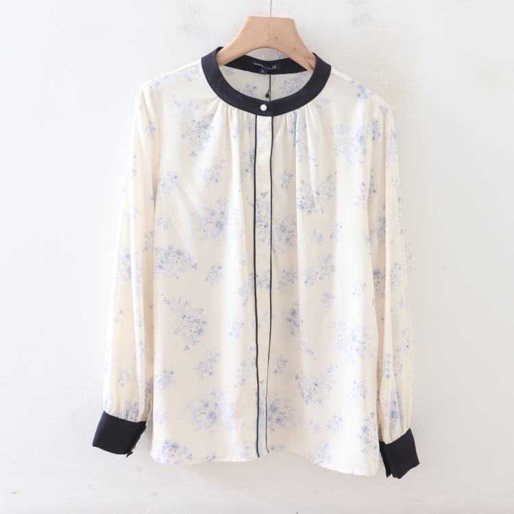 C07040日单秋新款圆领单排隐形扣宽松显瘦女通勤气质碎花长袖衬衫