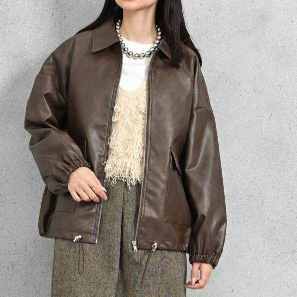D150122日单新款客供料拉链翻边领宽松防风女纯色休闲PU皮衣外套,女装/女士精品,皮衣,淘宝优惠券,粉丝福利购,淘宝优惠卷