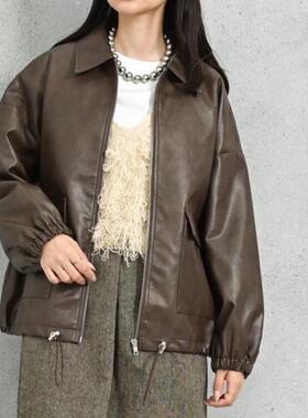 D150122日单新款客供料拉链翻边领宽松防风女纯色休闲PU皮衣外套