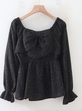 C11005日单早秋新款GL松紧方领套头微宽松显瘦女气质喇叭袖衬衫