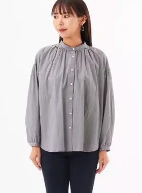 C08040日单秋款客供棉圆领单排扣宽松休闲通勤女纯棉条纹长袖衬衫