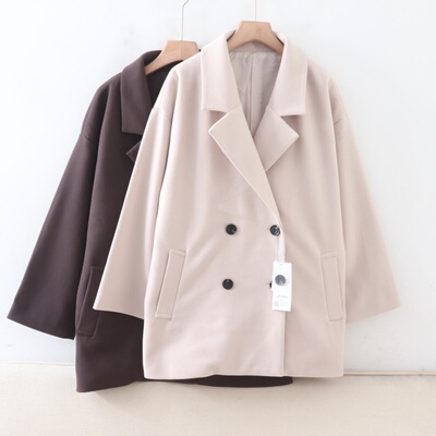 D02071日单秋冬款客供双排扣西装领宽松女气质通勤中长款呢子外套