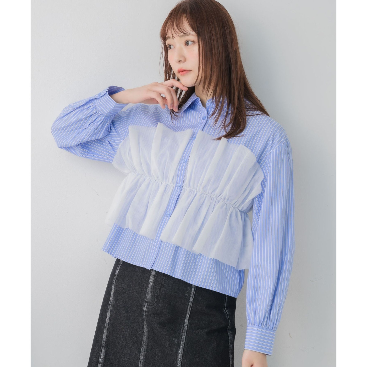 E05087日单新款客供料单排扣微宽松显瘦女甜美日系拼网纱长袖衬衫