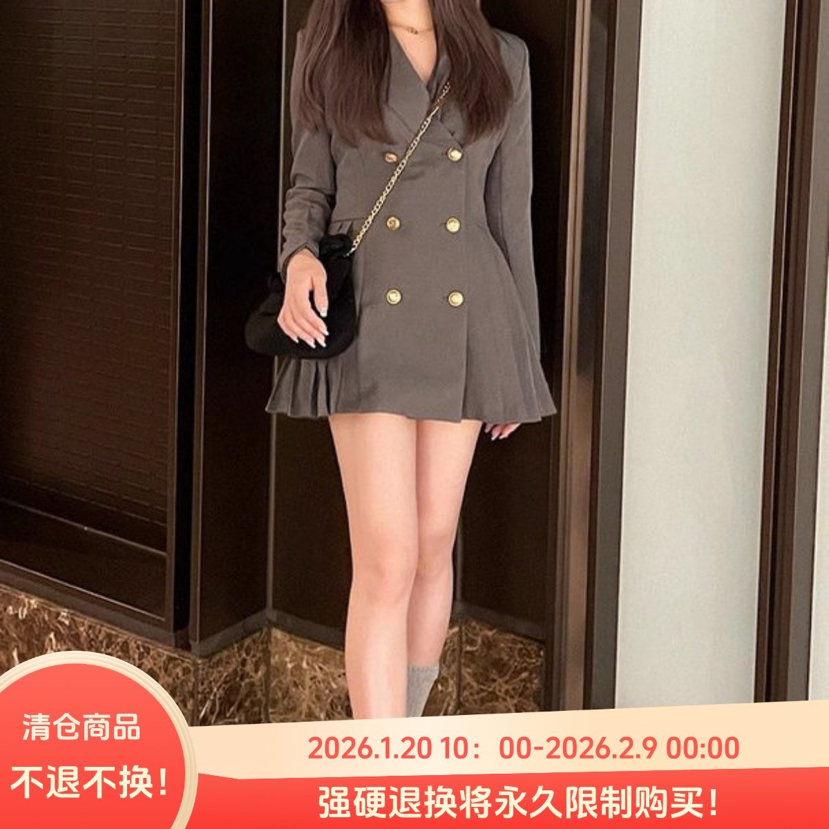 C06018日单秋新款客供料GL双排扣微宽松百褶女气质西装领连衣裙