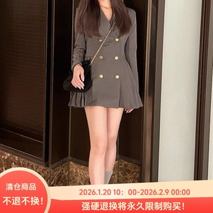 C06018日单秋新款客供料GL双排扣微宽松百褶女气质西装领连衣裙