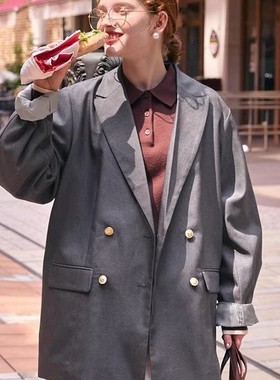 D03033日单春秋新款客供料双排金属扣宽松显瘦女气质休闲西装外套