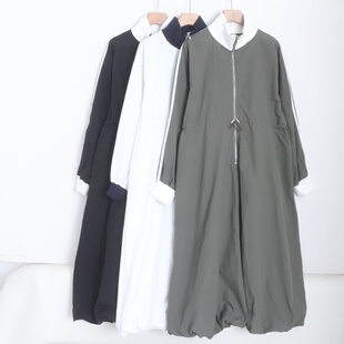 D18066日单贵牌新款 客供螺纹领门襟拉链宽松腰可调节女休闲连衣裙