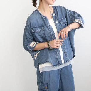 A07020日单新款客供料圆领单排扣宽松女休闲天丝牛仔七分袖外套