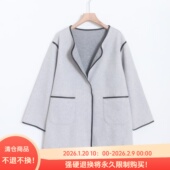 D090116日单秋冬气质按扣V领宽松PU皮包边女通勤休闲中长呢子外套