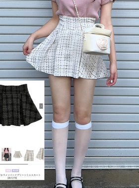 D08085日单新款GL隐形拉链松紧高腰A字裙女甜美格子粗花呢半身裙