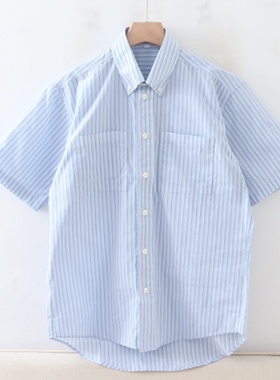 D02001日单新款客供简洁单排扣翻边领微宽松女休闲条纹短袖衬衫