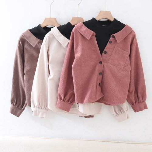 B06020日单新款针织圆领套头宽松休闲中大童女童灯芯绒假两件衬衫