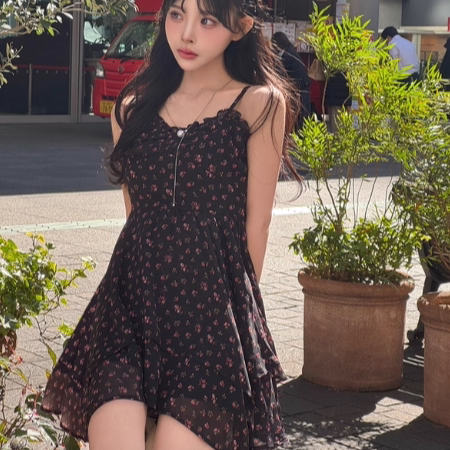 D090104日单新款GL花边领隐形拉链弹力松紧显瘦女甜美碎花吊带裙