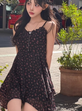 D090104日单新款GL花边领隐形拉链弹力松紧显瘦女甜美碎花吊带裙