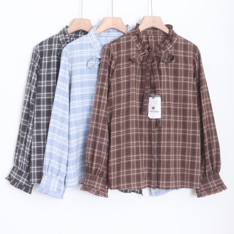 D16098日单新款花边抽绳系带领隐形扣女文艺甜美格子喇叭袖衬衫