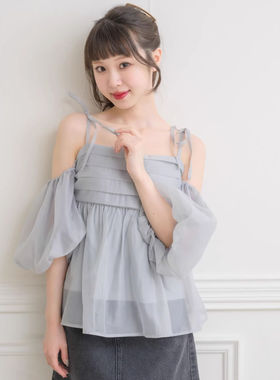 D12013日单甜美客供料后松紧显瘦女气质纯色露肩短袖可拆2Way衬衫