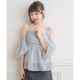 D12013日单甜美客供料后松紧显瘦女气质纯色露肩短袖 可拆2Way衬衫