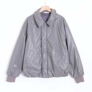 D06068日单贵牌秋冬款 翻边领拉链宽松保暖棉服女休闲柔软PU皮棉衣