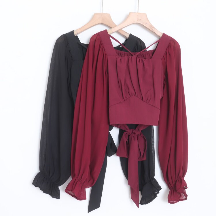 D08005日单新款交叉领后松紧显瘦女甜美气质系带短袖喇叭袖衬衫