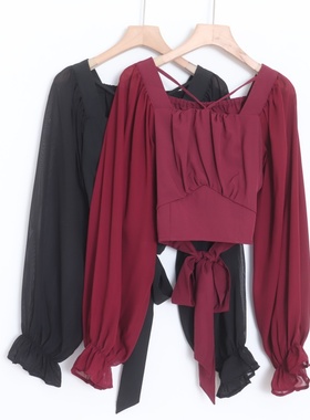 D08005日单新款交叉领后松紧显瘦女甜美气质系带短袖喇叭袖衬衫