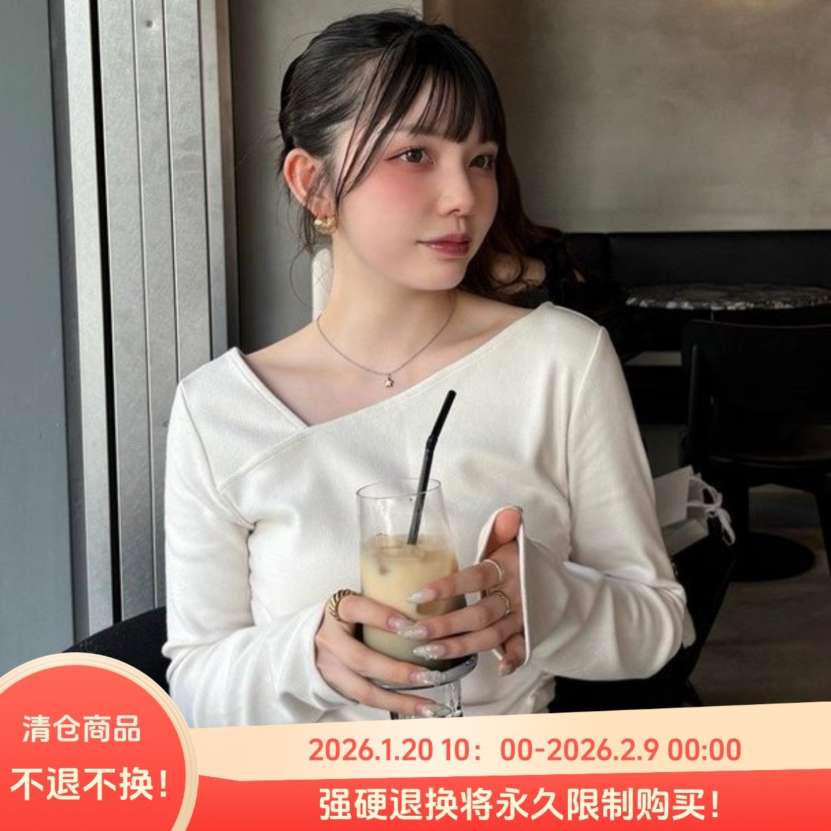 D03007日单春秋新款客供料GL斜领套头有弹性女设计款褶皱长袖T恤