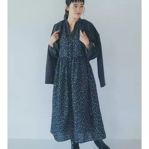 D11073日单S*2新款系带单排扣宽松女松紧喇叭袖气质印花长连衣裙