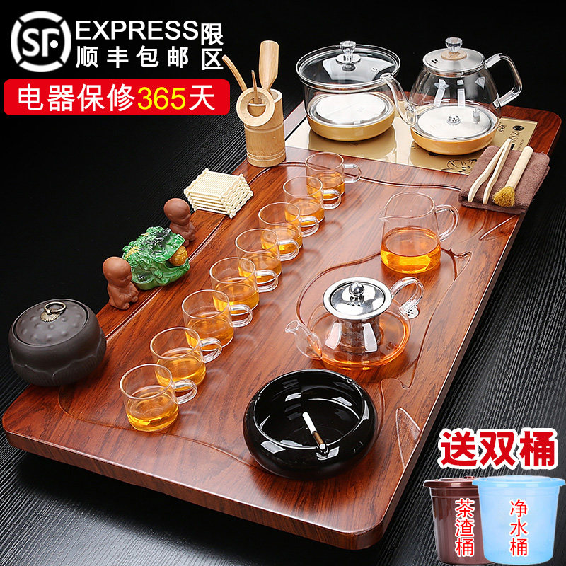 紫砂茶具套装全自动玻璃底部上水烧水壶一体茶台家用茶盘单层简约