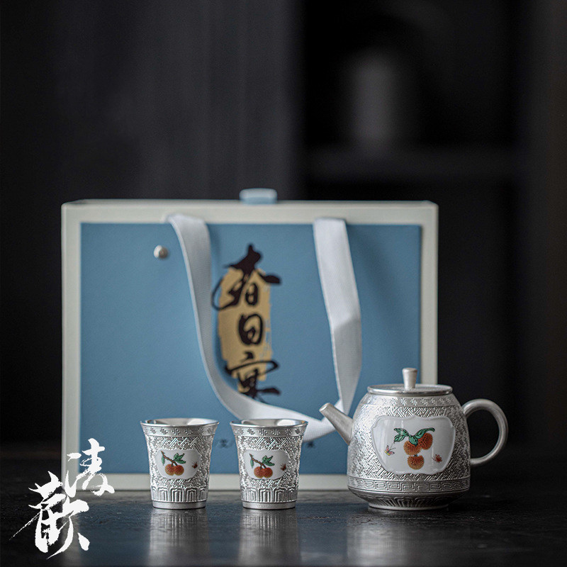 清欢丨古风999纯银鎏银开窗荔枝一壶二杯茶具套装功夫茶具伴手礼