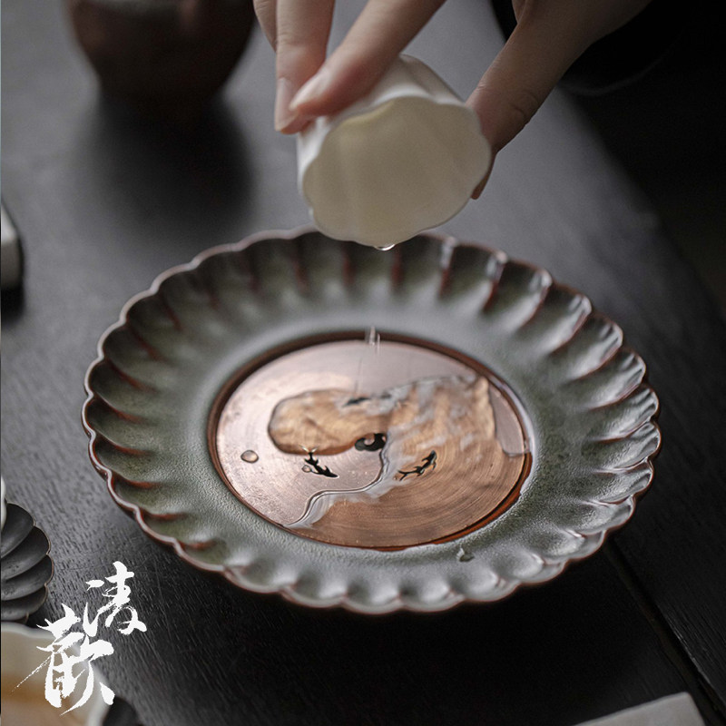 清欢丨黄铜做旧花瓣壶承 复古铜壶承储水壶承养壶底座茶具托盘
